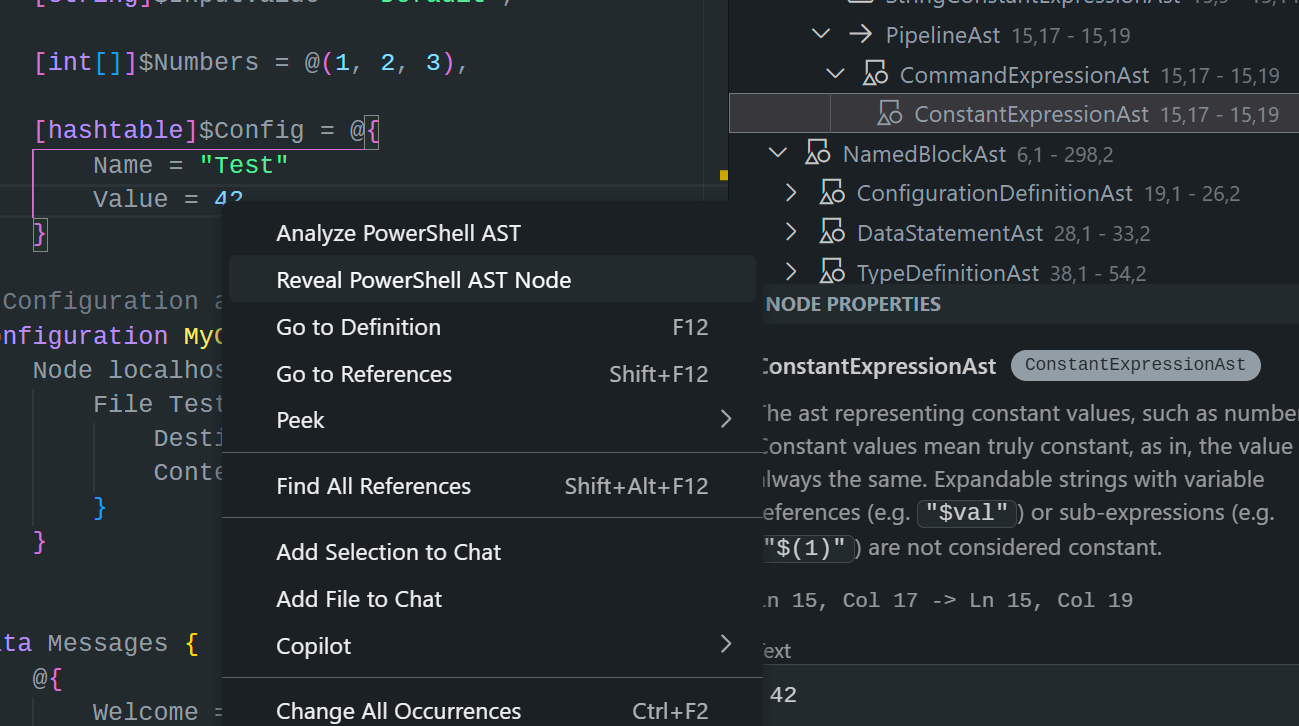 screenshot showing right-click option to reveal the AST node