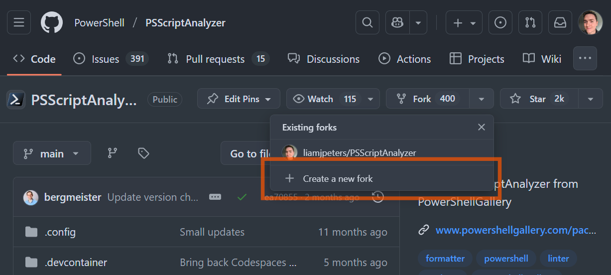 screenshot of forking the repository