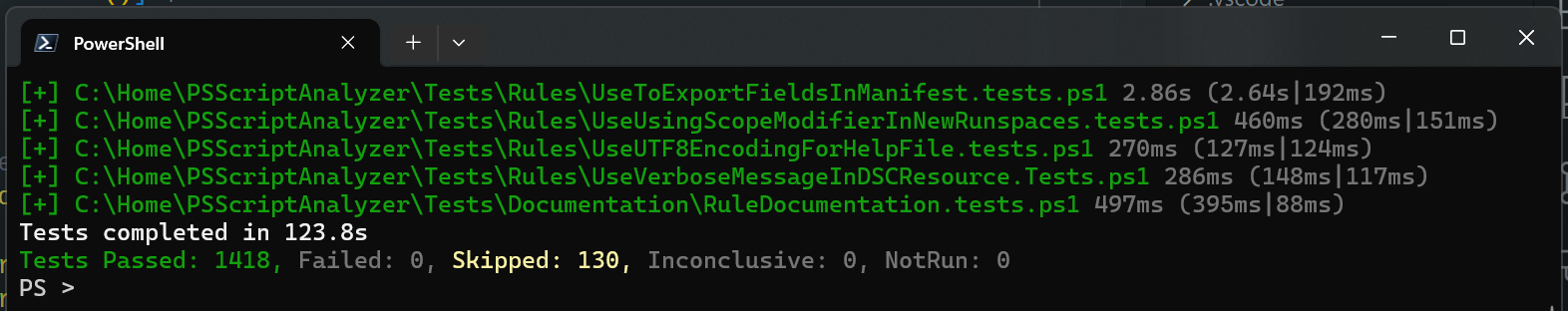 Window showing all tests passing