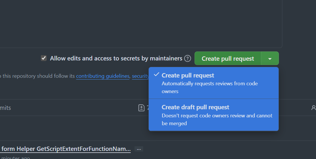 screenshot showing option to create PR as draft