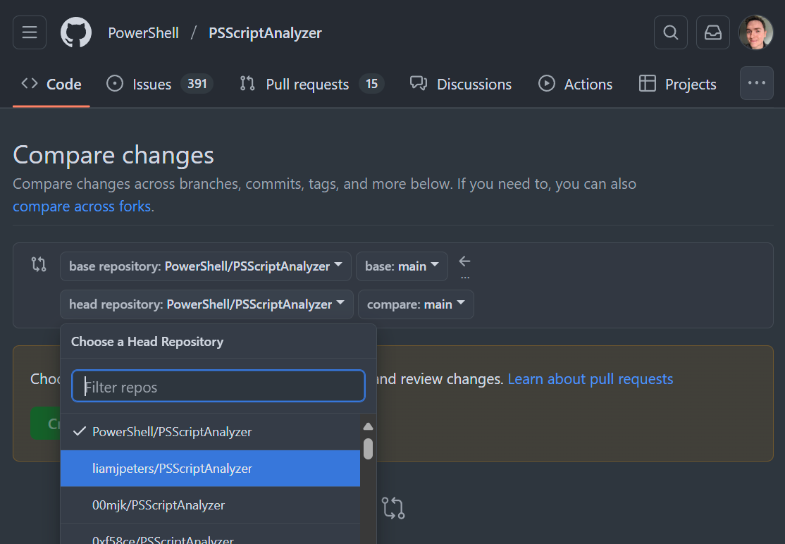 screenshot of GitHub UI creating a PR across forks