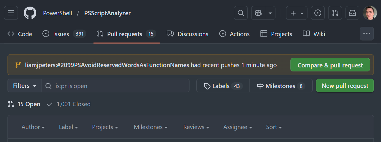 screenshot of GitHub UI showing the option to create a PR